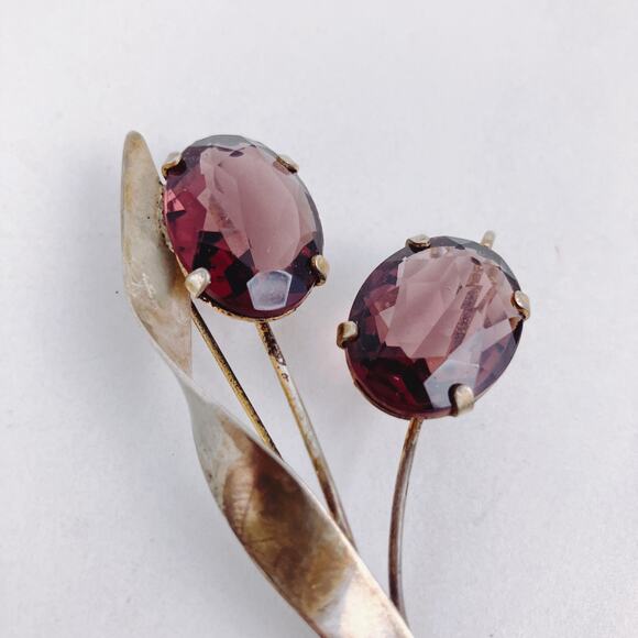 VTG 20s-30s Sterling Silver Floral Brooch Purple Glass Stones Nouveau Influence - Picture 2 of 8